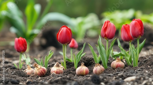 Sprouting tulip bulbs in early spring garden #944307228