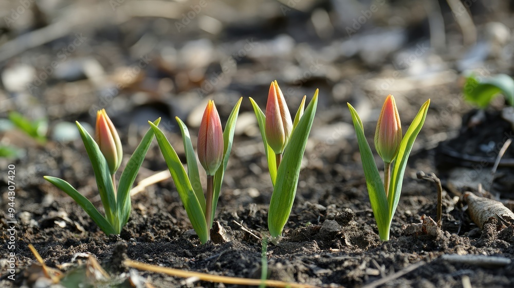 Sprouting tulip bulbs in early spring garden Sprouting tulip bulbs in early spring garden