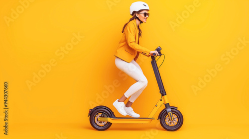 Woman wearing a white helmet and sunglasses riding a yellow electric scooter against a solid yellow background.
