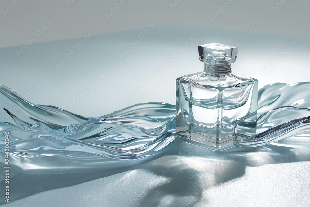 Elegant glass perfume bottle on a flowing water-like surface in a softly lit setting, capturing serenity and beauty Elegant glass perfume bottle on a flowing water-like surface in a softly lit setting, capturing serenity and beauty