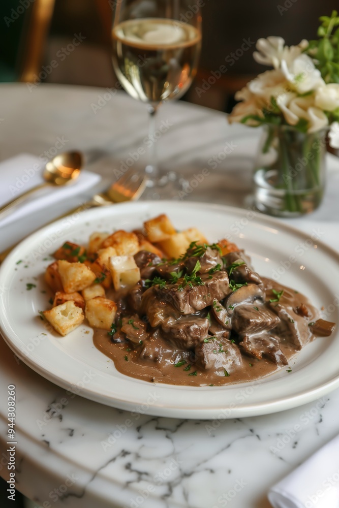 Tender beef stew with roasted potatoes and a glass of white wine served at a cozy restaurant table adorned with flowers Tender beef stew with roasted potatoes and a glass of white wine served at a cozy restaurant table adorned with flowers