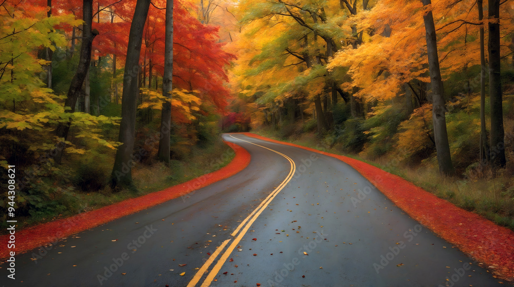Obraz premium Autumn Road in the Forest. A long, empty road winds through a dense forest, framed by tall trees with vibrant orange and red leaves.