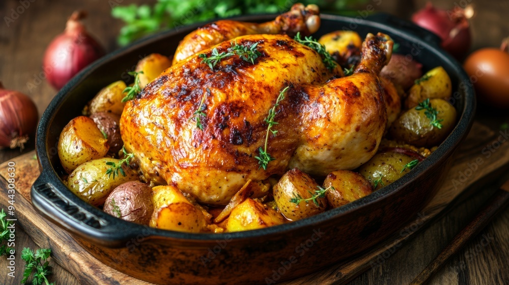 The national cuisine of Macau. Galinha-portugese (chicken baked with potatoes, onions, eggs and saffron) The national cuisine of Macau. Galinha-portugese (chicken baked with potatoes, onions, eggs and saffron)