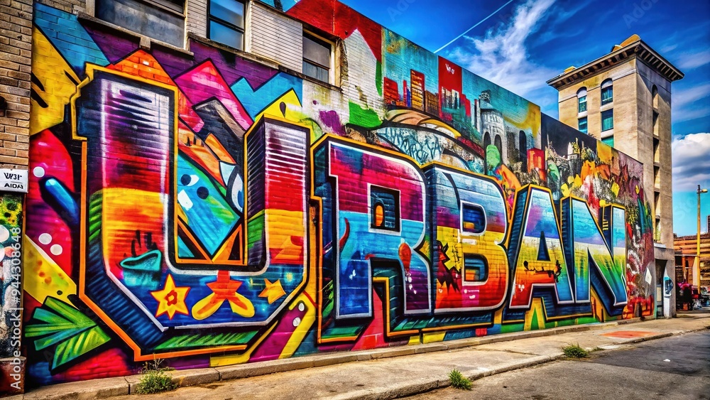 Fototapeta premium Vibrant colors bursting from a weathered urban wall, as abstract shapes and bold letters coalesce into a dynamic, rebellious street art masterpiece.