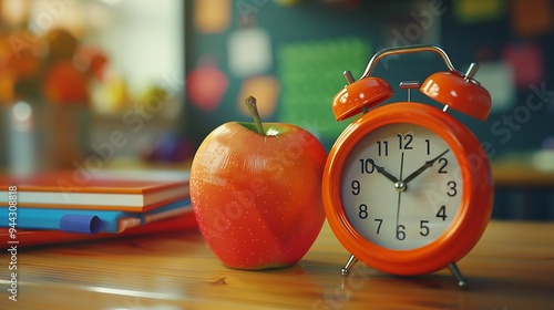 Close-up of a vibrant orange alarm clock next to a shiny red apple and neatly arranged school equipment, against a soft-focus classroom backdrop photo