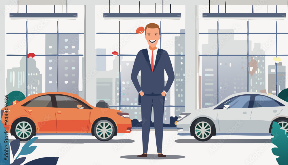 portrait of salesman near new car at showroom dealership store. Illustration vector portrait of salesman near new car at showroom dealership store. Illustration vector