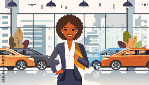 Smile saleswoman at car dealership in formal wear. Purchase sale or rental auto. Vector illustration