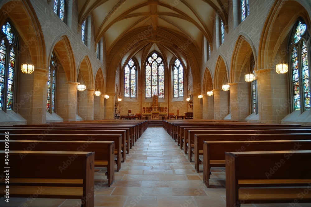 Interior of a Gothic-style church with stone arches, stained glass windows, and wooden pews. Ideal for religious or architectural themes. Interior of a Gothic-style church with stone arches, stained glass windows, and wooden pews. Ideal for religious or architectural themes.