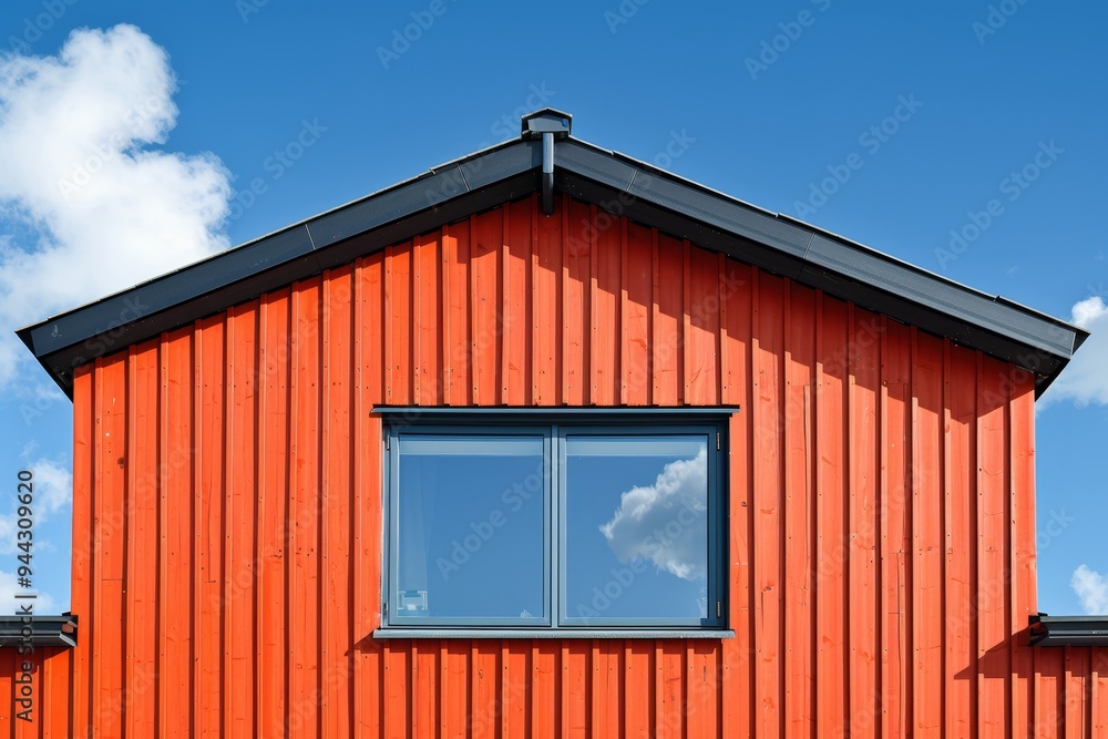 Bright red wooden house with a window reflecting the clear blue sky, perfect for rural architecture and countryside living themes. Bright red wooden house with a window reflecting the clear blue sky, perfect for rural architecture and countryside living themes.