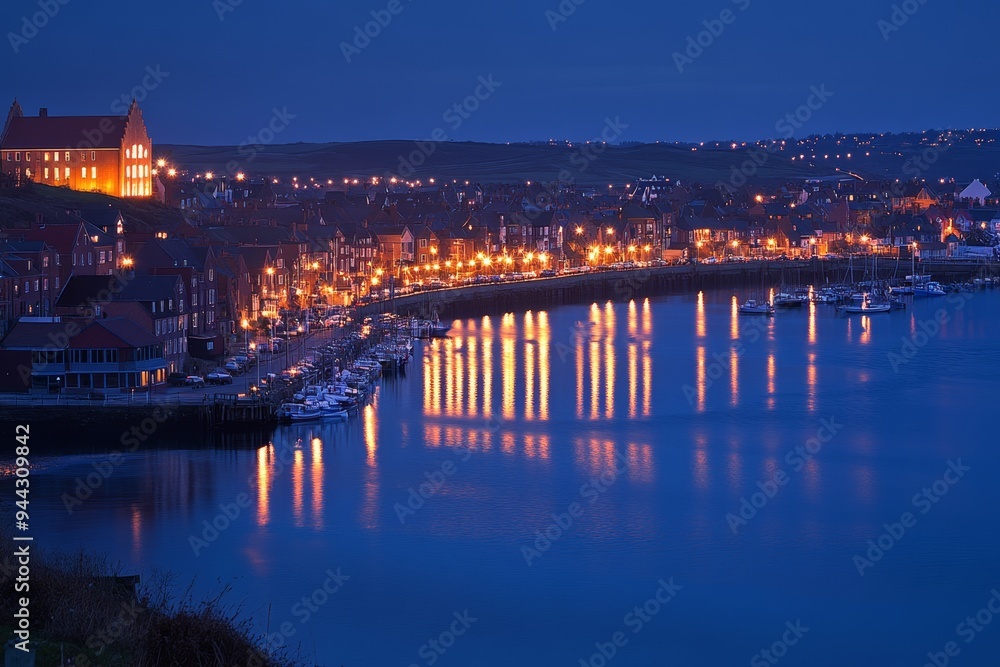 Obraz premium Scenic evening cityscape with glowing lights reflecting on the calm water. Ideal for travel and tourism content