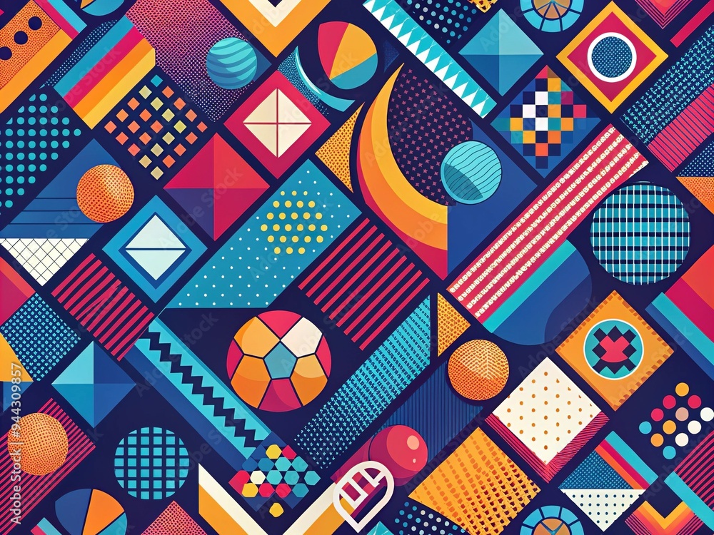 Vibrant geometric patterned background featuring abstract shapes and lines in bold colors, ideal for sports-themed designs, athletes, and active lifestyle visual content. Vibrant geometric patterned background featuring abstract shapes and lines in bold colors, ideal for sports-themed designs, athletes, and active lifestyle visual content.