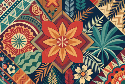 ethnic tribal elements and hibiscus fabric patchwork abstract vintage vector seamless pattern
