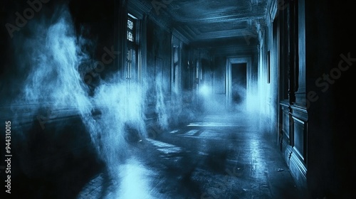 Abandoned castle interior, dark medieval palace with ghost, Halloween scary creepy atmosphere, AI generated image