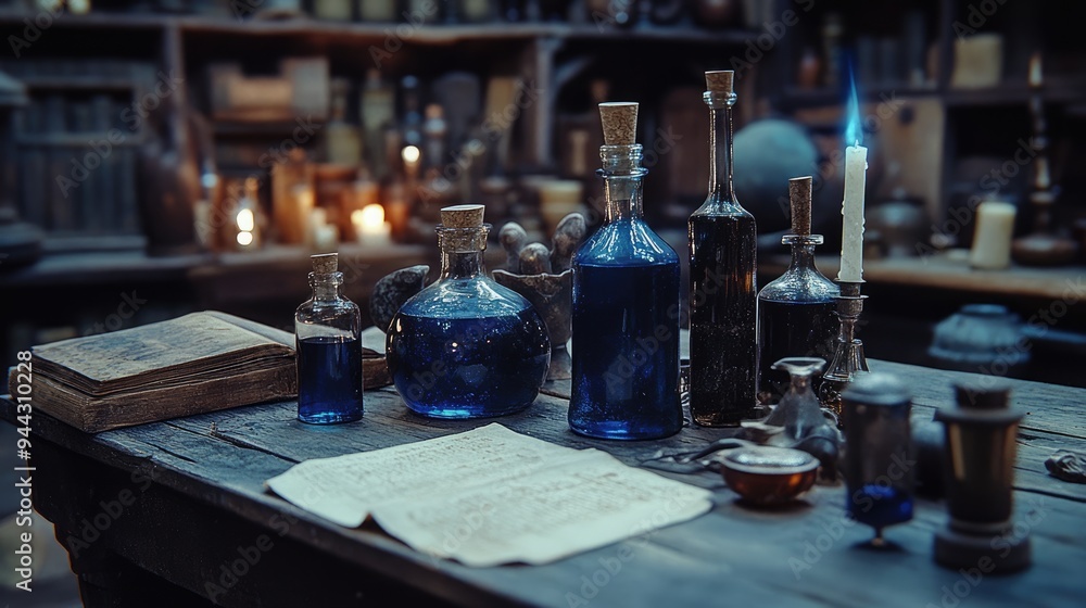 Halloween decoration, wooden desk with vials, flasks and bottles with potions, witch's secret room with magic artifacts and candles on the table, alchemist's workplace, AI generated image Halloween decoration, wooden desk with vials, flasks and bottles with potions, witch's secret room with magic artifacts and candles on the table, alchemist's workplace, AI generated image