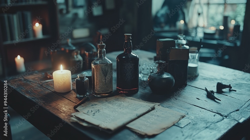 Halloween decoration, wooden desk with vials, flasks and bottles with potions, witch's secret room with magic artifacts and candles on the table, alchemist's workplace, AI generated image Halloween decoration, wooden desk with vials, flasks and bottles with potions, witch's secret room with magic artifacts and candles on the table, alchemist's workplace, AI generated image