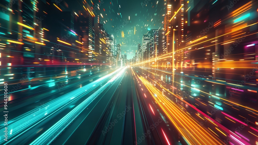 Futuristic cityscape with dynamic light trails representing speed and motion, captured in vibrant colors. Futuristic cityscape with dynamic light trails representing speed and motion, captured in vibrant colors.