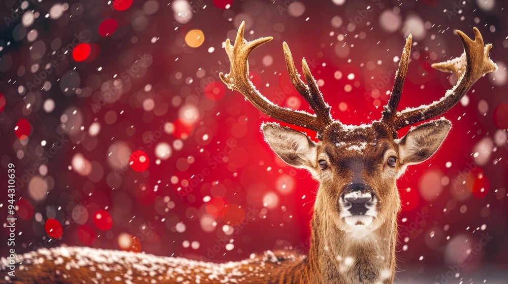 Close-up of a reindeer in a snowy landscape with festive red bokeh lights in the background, evoking holiday cheer. Close-up of a reindeer in a snowy landscape with festive red bokeh lights in the background, evoking holiday cheer.
