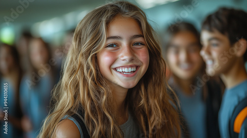 A group of students laughing and talking as they walk through the school hallway on the first day of school.