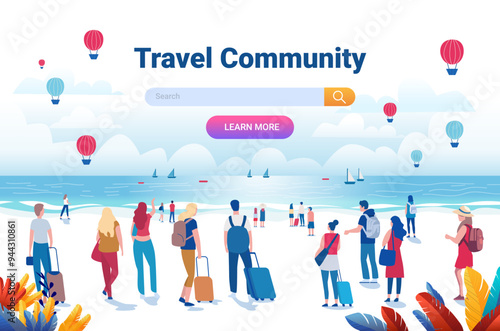 Travel community beach scene with travelers exploring seaside with hot air balloons sailboats and people carrying luggage colorful landscape design template
