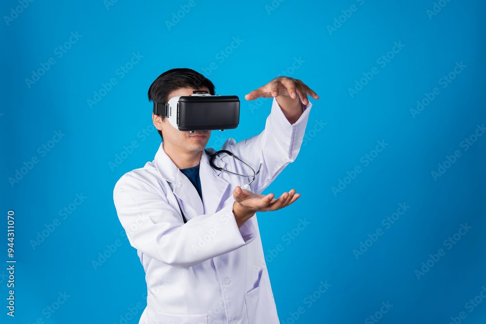 Smart doctor wearing VR headset connect metaverse touching screen with medicine research treatment futuristic tech hologram virtual reality intelligent meta world isolate blue background. Contrivance. Smart doctor wearing VR headset connect metaverse touching screen with medicine research treatment futuristic tech hologram virtual reality intelligent meta world isolate blue background. Contrivance.