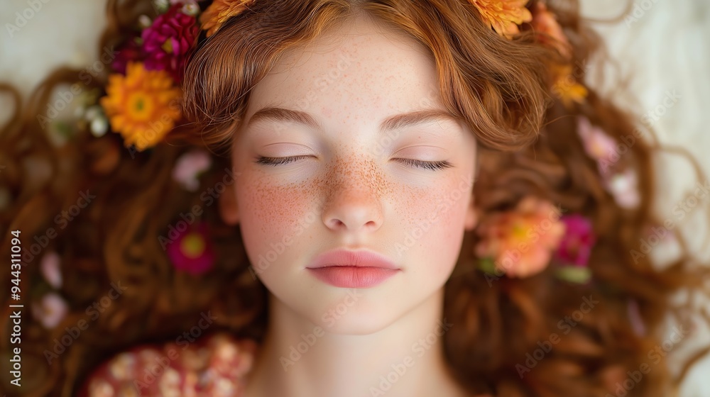 Fototapeta premium A young woman with curly red hair adorned with flowers, lying peacefully with her eyes closed against a soft background