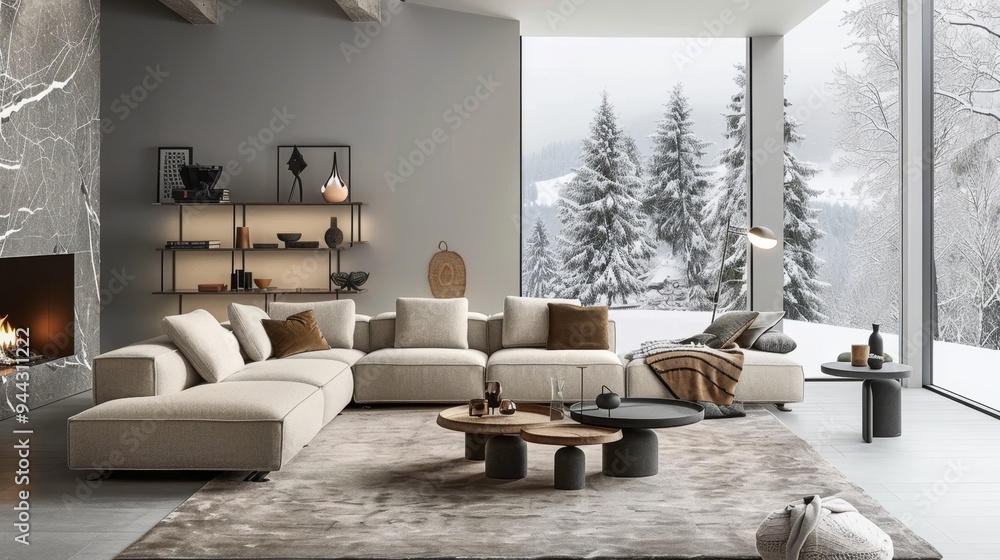 Modern living room with a large sectional sofa, neutral tones, and floor-to-ceiling windows offering a snowy forest view, blending luxury and nature. Modern living room with a large sectional sofa, neutral tones, and floor-to-ceiling windows offering a snowy forest view, blending luxury and nature.
