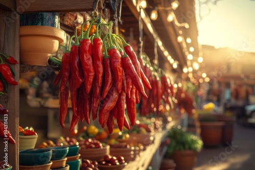 vibrant red peppers hanging from a wooden beam in a bustling santa fe market, surrounded by earthy terracotta pots and warm golden light