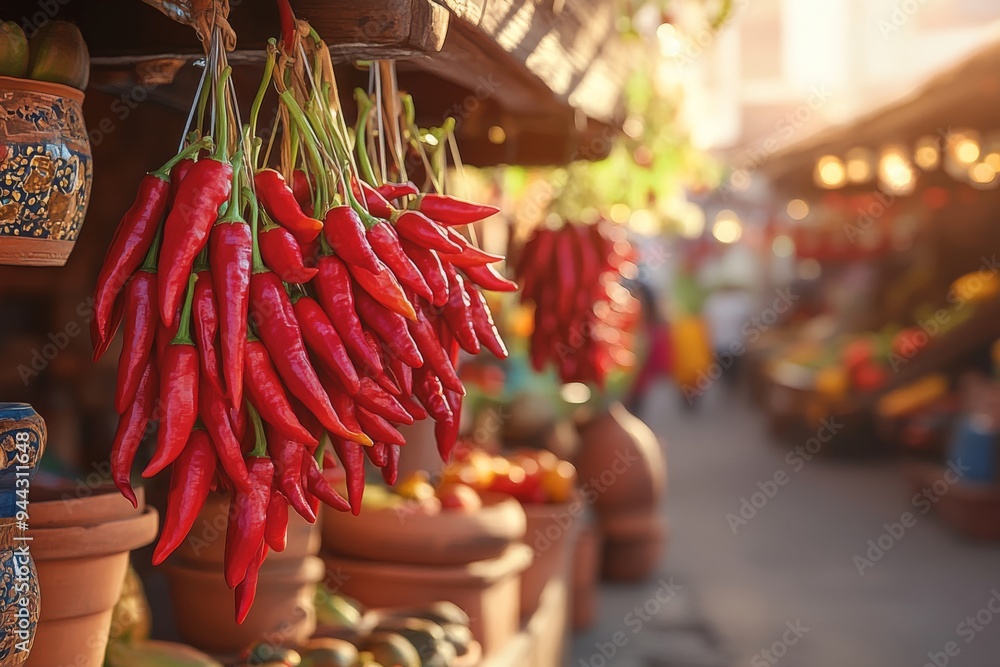 Naklejka premium vibrant red peppers hanging from a wooden beam in a bustling santa fe market, surrounded by earthy terracotta pots and warm golden light