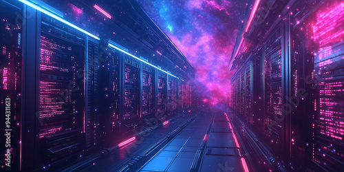 A futuristic space with a long hallway filled with glowing lights and a pink