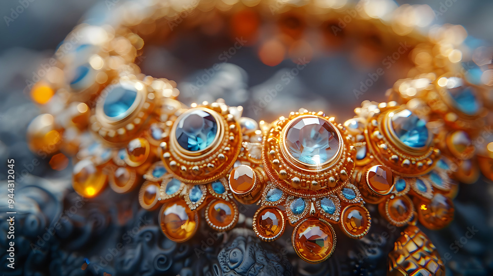 Closeup of Blue and Orange Gemstones in Gold Setting - Realistic Image Closeup of Blue and Orange Gemstones in Gold Setting - Realistic Image