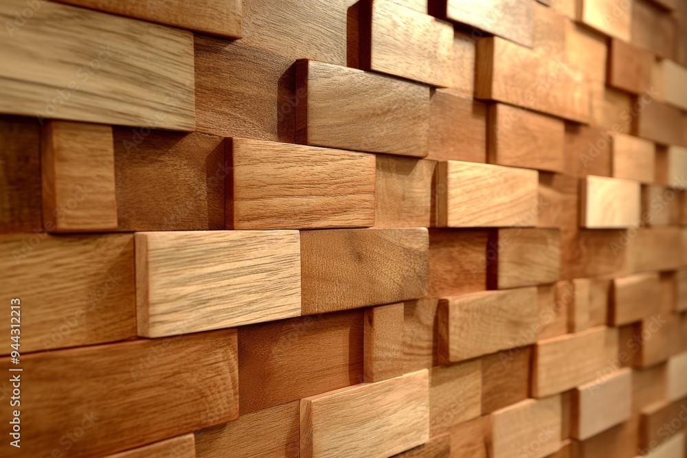 A close-up of a textured wooden wall with a geometric pattern of raised wooden blocks. Ideal for interior design and architectural backgrounds. A close-up of a textured wooden wall with a geometric pattern of raised wooden blocks. Ideal for interior design and architectural backgrounds.