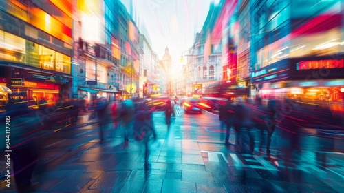 Blurred motion of a busy city street at twilight, with vibrant lights and rushing people. Ideal for urban and city life themes.