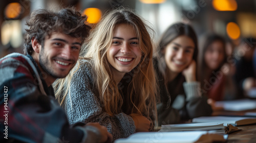 A group of students smiling as they study together, surrounded by textbooks and notebooks.
