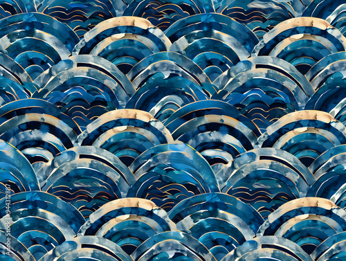 "Elegant Watercolor Waves Pattern with Layered Blue Tones and Subtle Gold Accents"