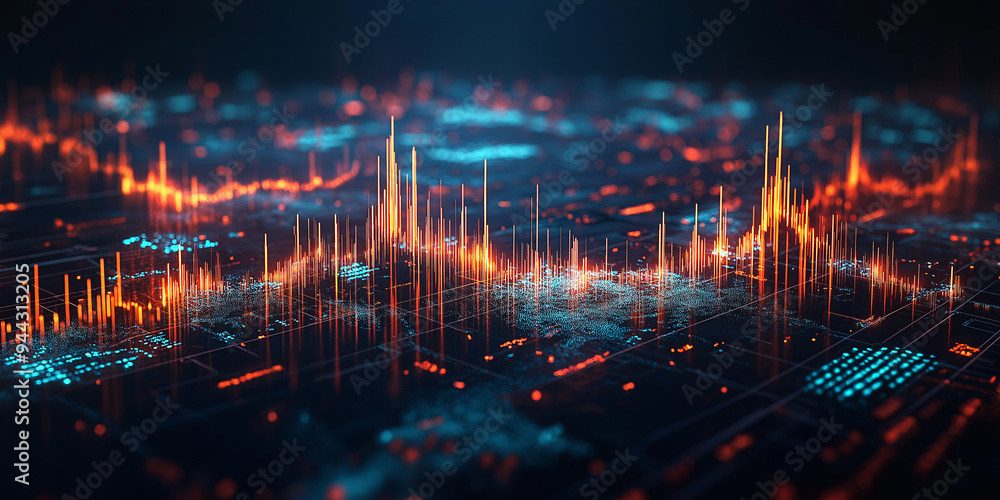 Fototapeta premium A computer generated image of a cityscape with orange and blue lines
