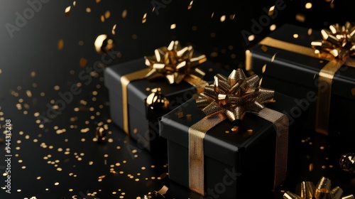 Black gift boxes with golden bows and confetti on black background.