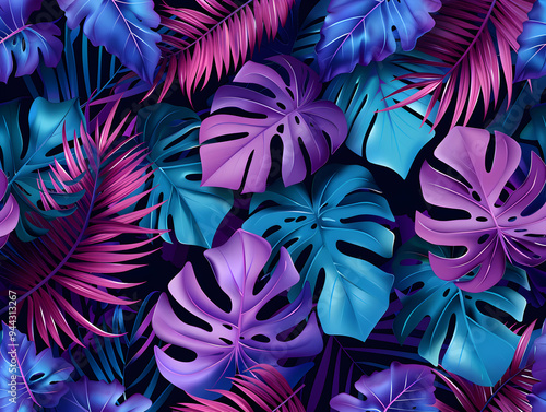 Tropical Neon Leaf Pattern with Vibrant Blues and Purples on a Dark Background