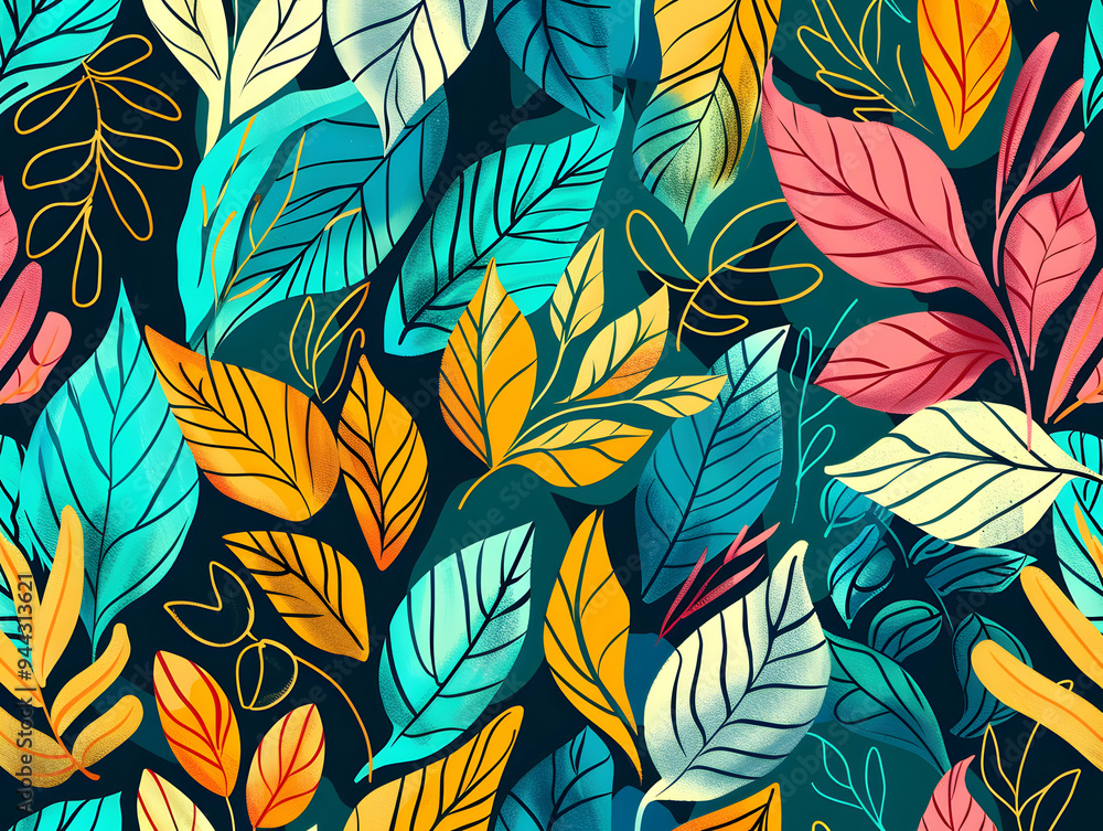 Fototapeta premium Vibrant Tropical Foliage Pattern with Bold Leaf Designs on Dark Background 
