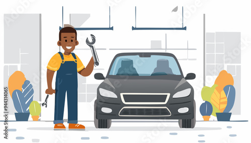 a mechanic with a wrench stands near a damaged car in service center, vector illustration