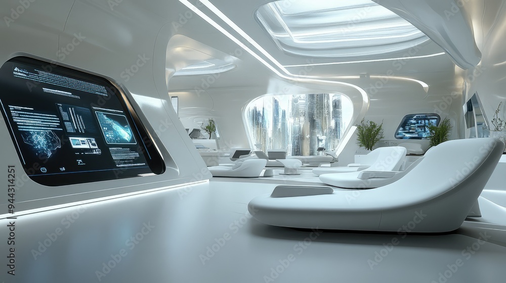 Futuristic study area with interactive screens