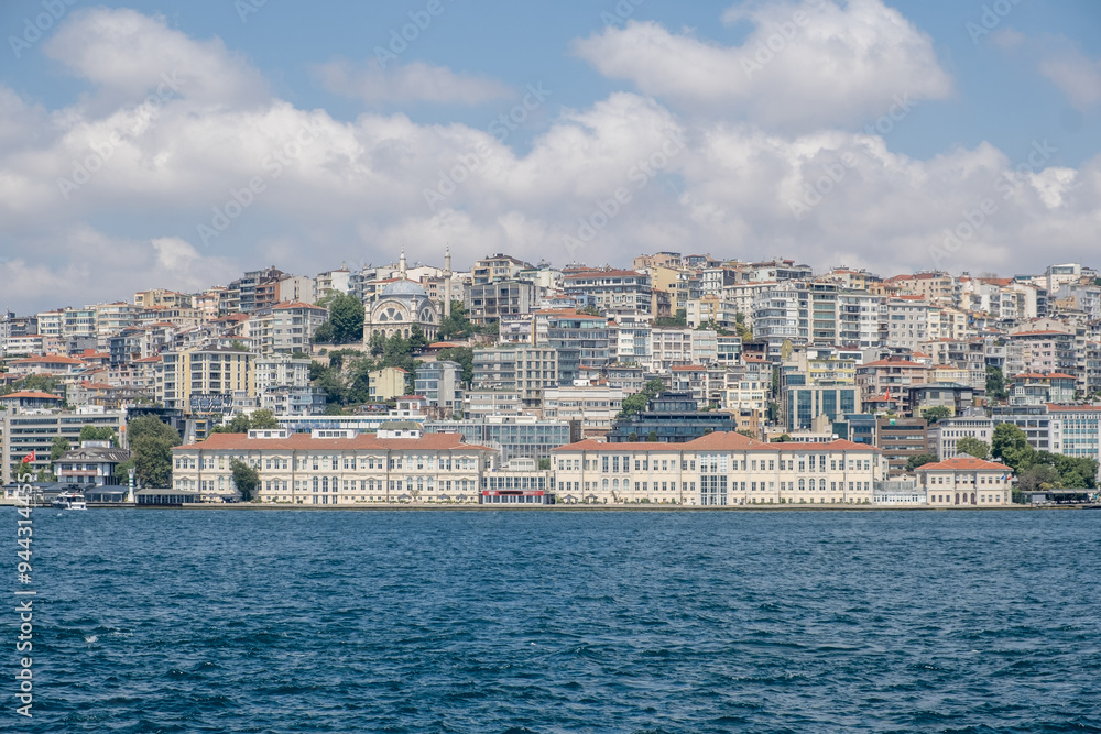Sweeping view of Istanbul's coastline from the Bosphorus, capturing the blend Sweeping view of Istanbul's coastline from the Bosphorus, capturing the blend
