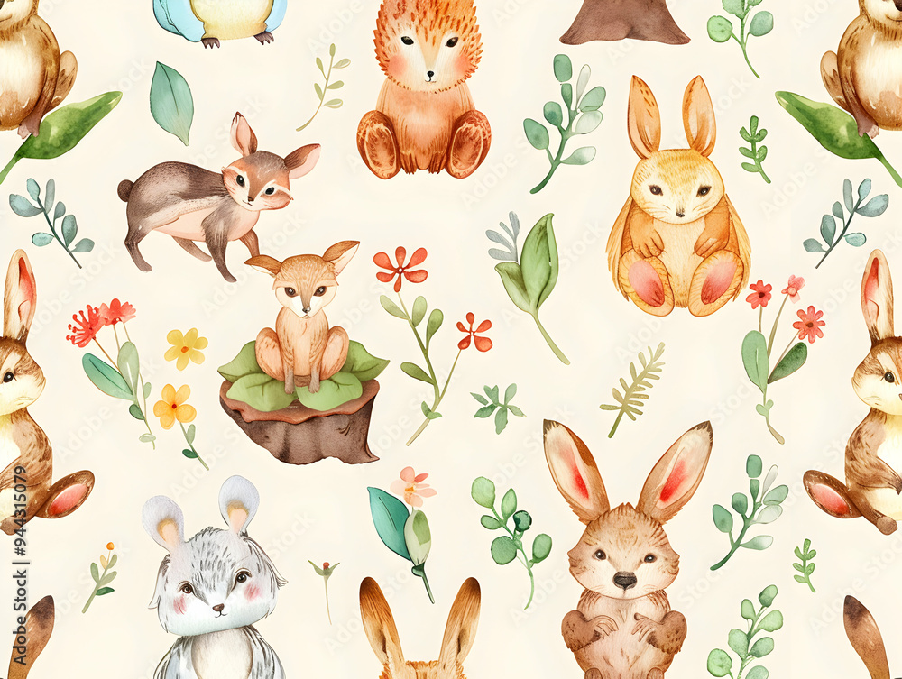 Naklejka premium Adorable Woodland Animal Pattern with Cute Forest Creatures and Nature Elements in a Soft Palette