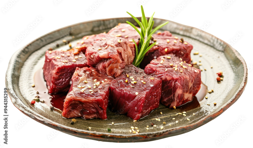 Fototapeta premium PNG Fresh marinated beef cubes plate