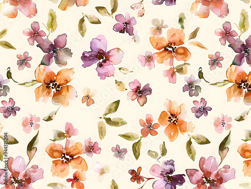 Soft Watercolor Floral Pattern with Delicate Flowers and Leaves in a Seamless Design 