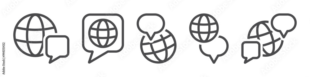 Set of language icons. Translate symbol, international communication, globe and speech bubble. Dictionary, online translator, language, choose or change language. Globe world communication. Vector. Set of language icons. Translate symbol, international communication, globe and speech bubble. Dictionary, online translator, language, choose or change language. Globe world communication. Vector.