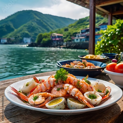 Spicy Korean Ramone with seafood, menu for various seafood dishes, closeup of lobsters and seafood on plate, delicious fresh attractive seafood dishes on the table photo