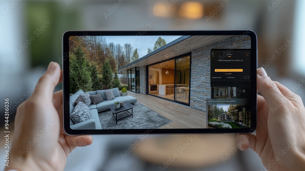 Virtual Tour of a Home on a Tablet Showing a 3D Walkthrough, with a ...