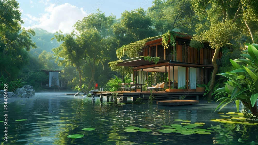 A beautiful holiday home on the beach. Green surroundings, palm trees, sunshine, everything you need for a relaxing/luxurious vacation. AI generated image. A beautiful holiday home on the beach. Green surroundings, palm trees, sunshine, everything you need for a relaxing/luxurious vacation. AI generated image.