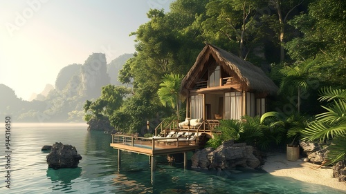 A beautiful holiday home on the beach. Green surroundings, palm trees, sunshine, everything you need for a relaxing/luxurious vacation. AI generated image.