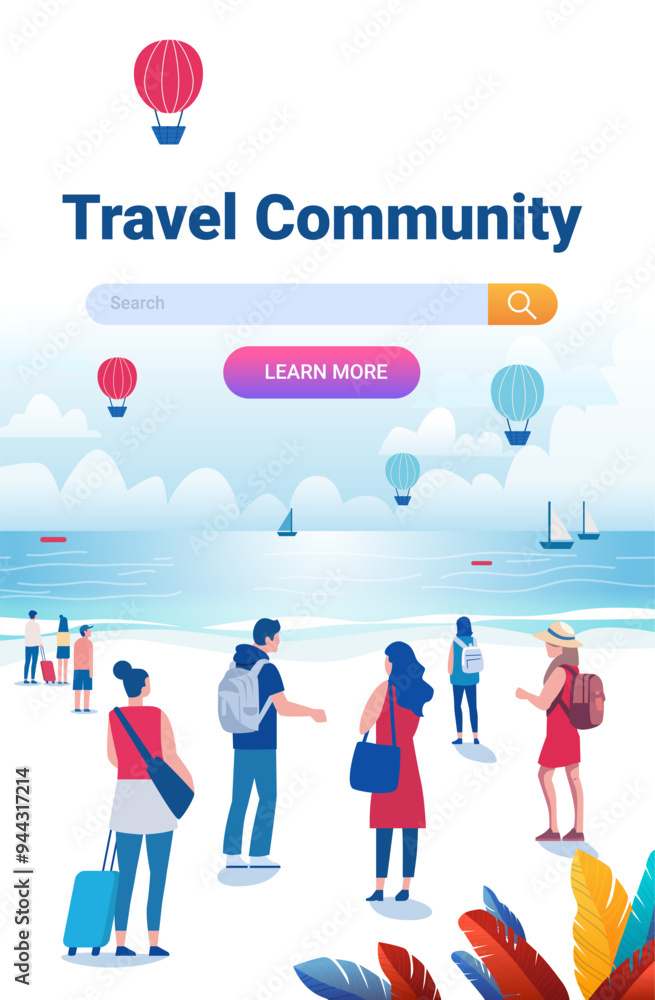 Travel community beach scene people exploring hot air balloons sailing boats colorful leaves Travel community beach scene people exploring hot air balloons sailing boats colorful leaves